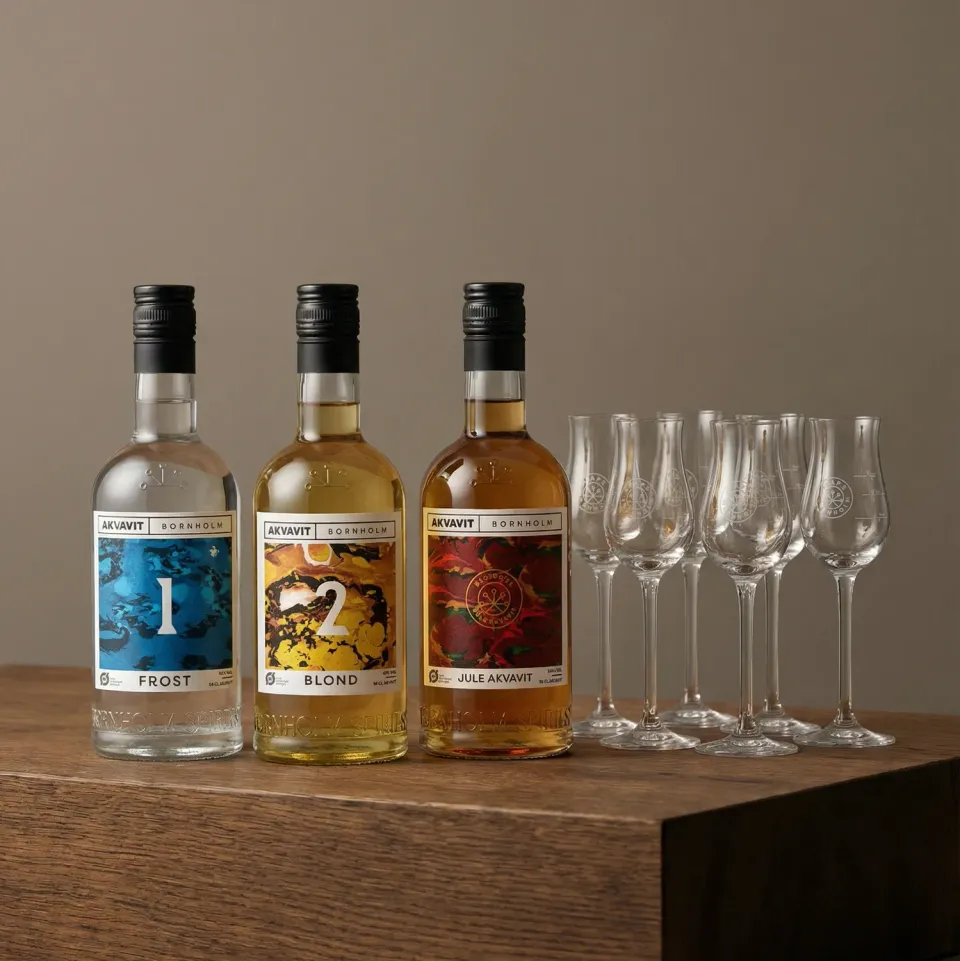 Bornholm Akvavit Årets Akvavit Pakke akvavit 3 flasker med glas